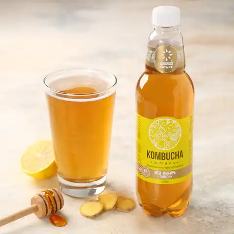 Напиток брожения Комбуча Иммуно имбирь мед и сок плодов лимона безалкогольный 0,555л