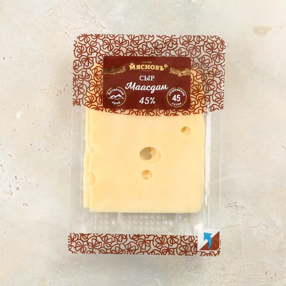 Сыр Маасдам полутвердый 45% нарезка 125г, созревание 45 суток, Алтайский край